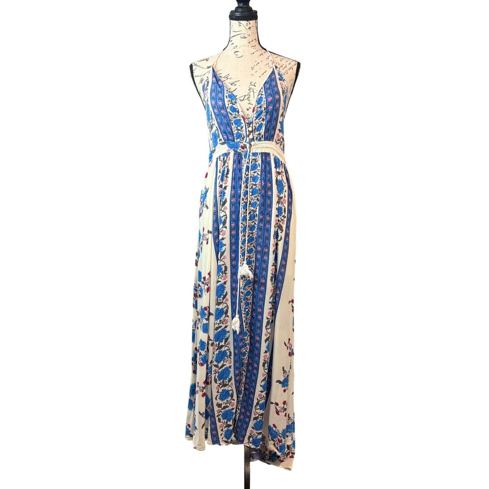 NLW Current‎ Fashions Floral Maxi Dress Large Blue White Boho Halter Tassel